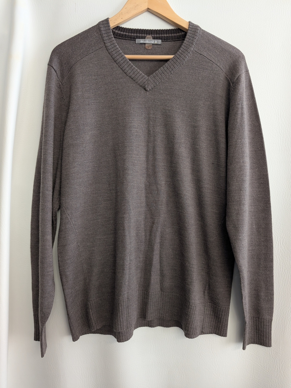 Smartwool V-Neck Wool Blend Sweater Long Sleeves Taupe Brown - L